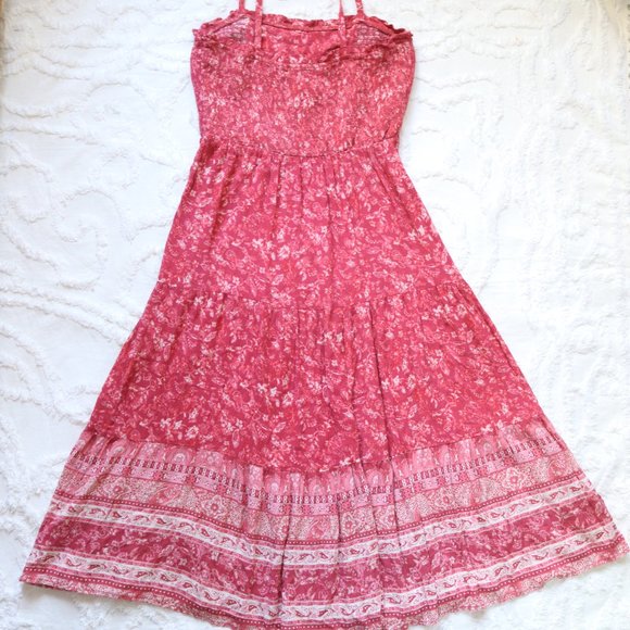 Knox Rose | Floral Smocked Tie-Strap Tiered Ruffle Red Midi Dress NWT | M - Picture 4 of 12